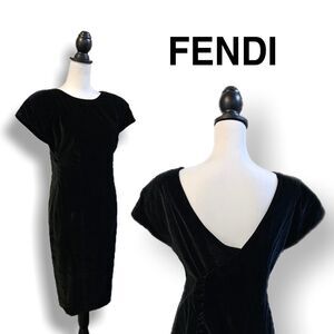 Fendi Authentic Vintage Black Velvet Asymmetrical V-Back Dress, Size EU 42/US 6